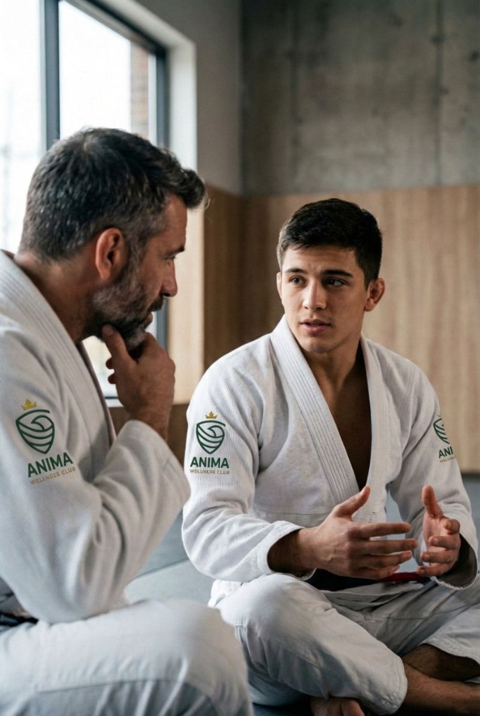 Professor e aluno conversando no tatame